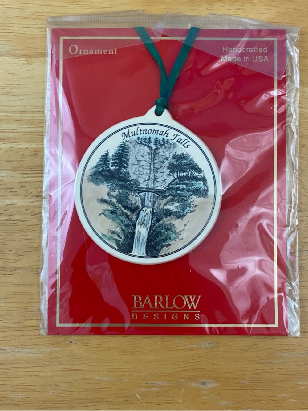 Barlow Multnomah Falls Ceramic Ornament with Green Ribbon